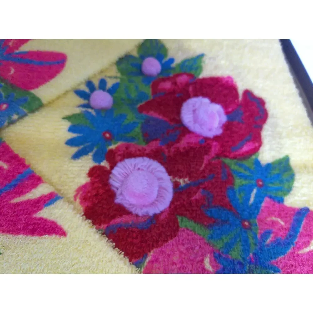 Vtg MCM Cannon Towels Set Yellow Embroidered Garden Flowers Boxed New Old Stock
